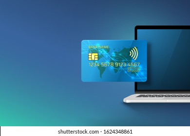 Electronic credit card and computer icon, finance technology, blue background. Vector illustration