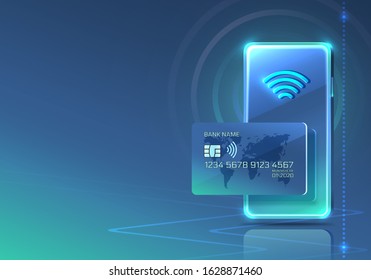Electronic credit card and phone icon, finance technology, blue background. Vector illustration