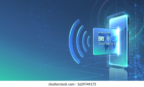 Electronic credit card and phone icon, finance technology, blue background. Vector illustration