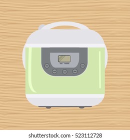 Electronic crock pot with display on a wooden background. Kitchen device. Cooking equipment. Vector flat illustration