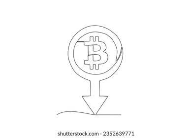 Una moneda electrónica y una flecha hacia abajo. Dibujo de una línea de bitcoin