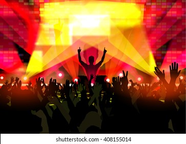 Electronic dance music festival with silhouettes of happy dancing people with raised up hands.