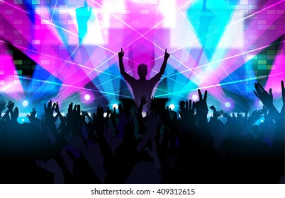Electronic dance music festival with silhouettes of happy dancing people with raised up hands.