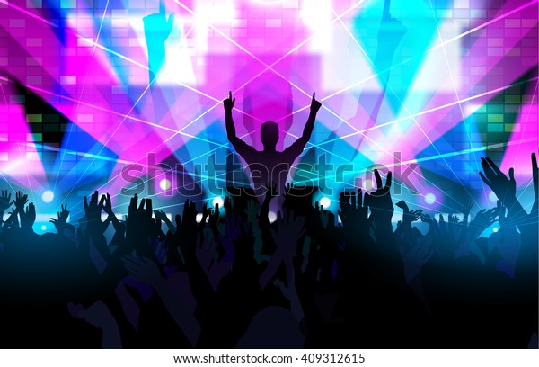 Electronic dance music festival with\
silhouettes of happy dancing people with raised up\
hands.