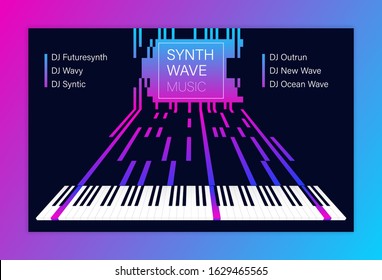 Electronic dance techno music poster. Club music banner with key synthesizer. Club party with DJ. Synthwave, retro wave, cyberpunk, black midi design concept. Neon colors poster. Vector illustration