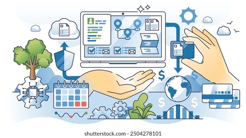 Electronic data interchange or EDI for business information outline hands concept. Invoice and order documentation exchange system with digital accountant file storage platform vector illustration.