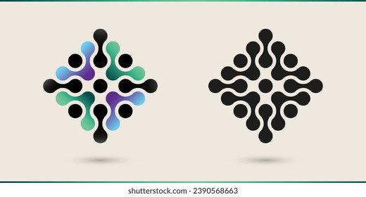 electronic data network technology microchip scheme icon logo, circle square connecting dot simple minimal abstract vector symbol