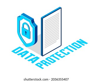 Electronic data protection and cyber security vector isometric conceptual illustration, isolated on white, mobile app antivirus internet fraud protection personal information.