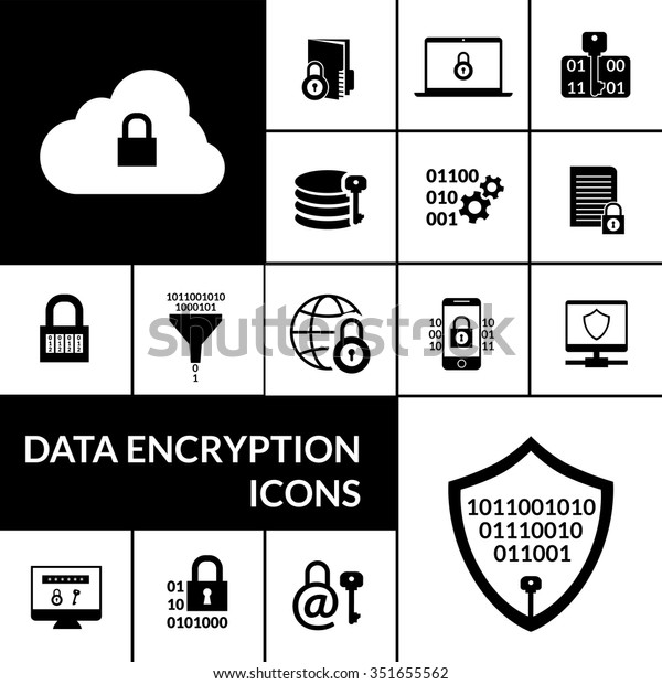Electronic data transfer security encryption\
symbols icons composition banner with padlock shield and cloud\
black abstract vector\
illustration