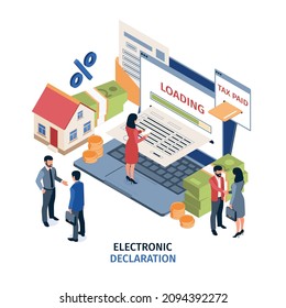 Electronic declaration isometric design concept demonstrated businesspeople filing revenue declaration by yourself using mobile application 3d vector illustration