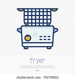 Electronic deep fryer thin line icon. Home appliance simple vector illustration for cooking  french fries and roast product in hot oil.