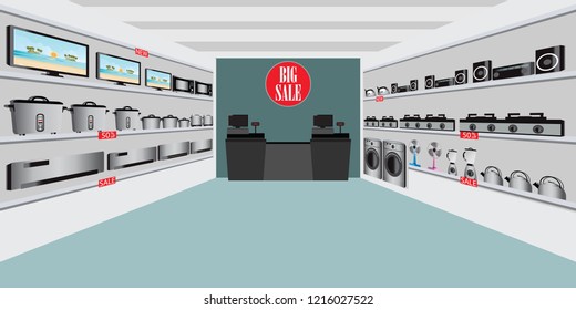 Electronic department store with electrical equipment on shelves displayand and counter cashier, vector illustration.