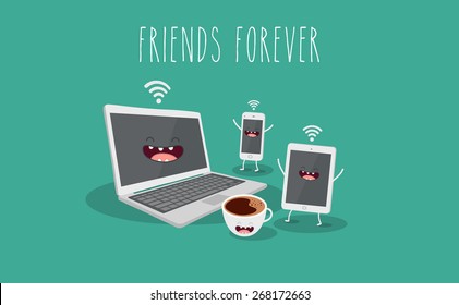 Electronic device, computer, laptop, tablet, phone and coffee illustration. Vector cartoon. Friends forever. Comic characters. Use for card, poster, banner, web design and print on t-shirt.