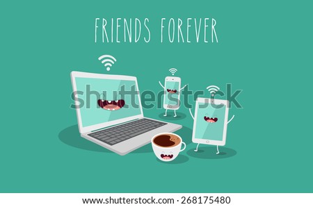 Electronic device, computer, laptop, tablet, phone and coffee illustration. Friends forever. Comic characters. Use for card, poster, banner, web design and print on t-shirt. Easy to edit.