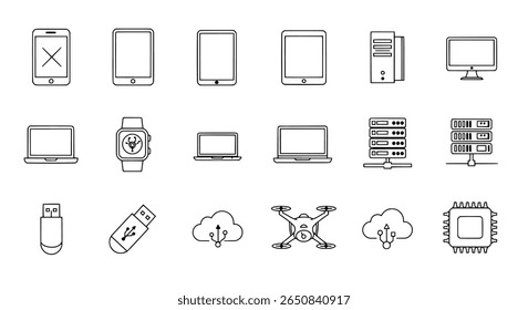 Iconos Electrónicas del contorno del dispositivo y de la computadora. Conjunto de símbolos de tecnología moderna.