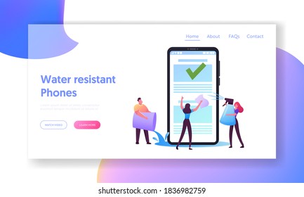 Electronic Device Development Landing Page Template. Tiny Characters Spraying and Pouring Water on Huge Mobile Phone. Waterproof Smartphone Innovative Technology. Cartoon People Vector Illustration