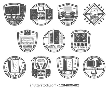 Electronic device and digital gadget retro icons. Computer, mobile phone and tablet, sound system, joystick and headphones, virtual reality glasses, transport navigation gadget and tv screen vector