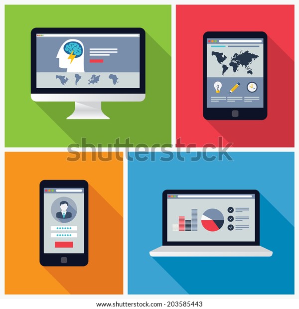 Electronic Device Flat Design Illustrations,\
computer, laptop, tablet,\
phone
