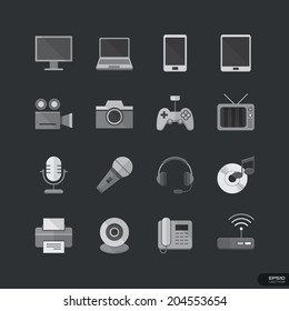 Electronic device flat style icons in gray color - Vector Illustration