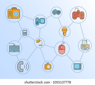 electronic device and gadget icons network diagram in blue background