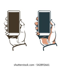 electronic device, hand holding phone, isolated, sketch style vector illustration