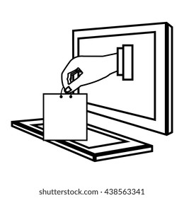 electronic device with human hand on the screen holding shopping bag over isolated background,vector illustration