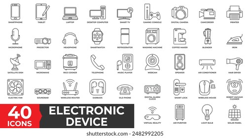 Conjunto de colección de íconos de dispositivo Electrónica con herramientas multimedia, herramientas electrónicas, herramientas domésticas, equipos electrónicos y equipos de oficina