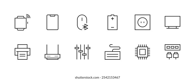 Conjunto de iconos de dispositivo Electrónica. Accesorios, gadget, batería, cable, enchufe, tableta, ratón, reloj inteligente, chipset, teclado, impresora y más. Trazo editable. Pixel perfecto. Base de rejilla 32px.