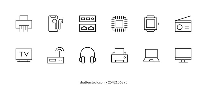 Conjunto de iconos de dispositivo Electrónica. Accesorios, gadget, ordenador, radio, chipset, tableta, smartphone, reloj elegante, televisión, ordenador portátil y más. Trazo editable. Pixel perfecto. Base de rejilla 32px.