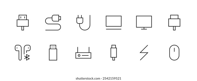 Conjunto de iconos de dispositivo Electrónica. Accesorios, gadget, monitor, cable, enchufe, auricular, ratón, pantalla, conector y más. Trazo editable. Pixel perfecto. Base de rejilla 32px.