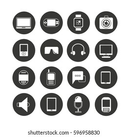 electronic device icon set in circle buttons