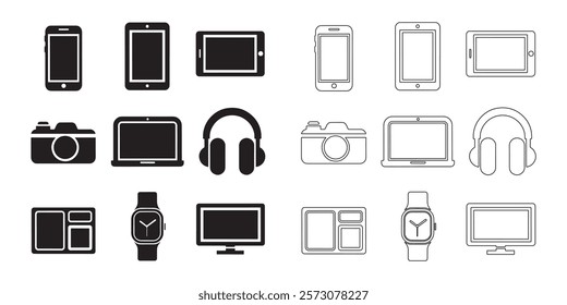 Electronic Device Icon Set. A collection of black minimalist icons representing electronic devices