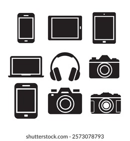 Electronic Device Icon Set. A collection of black minimalist icons representing electronic devices