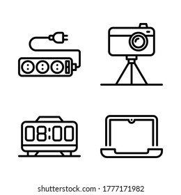 Electronic Device icon set = extension cord, camera, digital clock, laptop.
Perfect for website mobile app, presentation, illustration and any other projects.