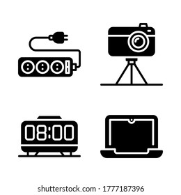 Electronic Device icon set = extension cord, camera, digital clock, laptop.
Perfect for website mobile app, presentation, illustration and any other projects.