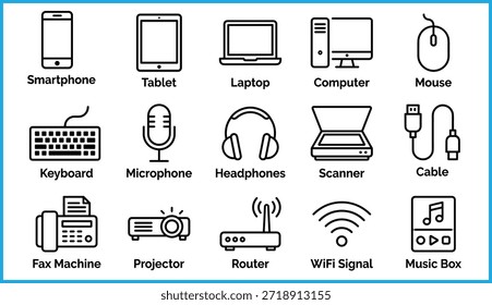 Conjunto de iconos de dispositivo Electrónica con teléfono inteligente, tableta, computadora portátil, computadora, mouse, teclado, micrófono, auriculares, escáner, cable, máquina de fax, proyector, enrutador, señal WiFi, caja de música, rejilla de Vector para tecnología y diseño de interfaz de usuario