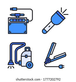 Elektronisches Gerätesymbol-Set (Fülllinie) = Stift-Tablette, Blitzlicht, Staubsauger, Haareisen
Perfekt für mobile App, Präsentationen, Illustrationen und andere Projekte.