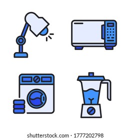 Electronic Device icon set (Filled Line) = lamp, microwave, washing machine, blender juice.
Perfect for website mobile app, presentation, illustration and any other projects.