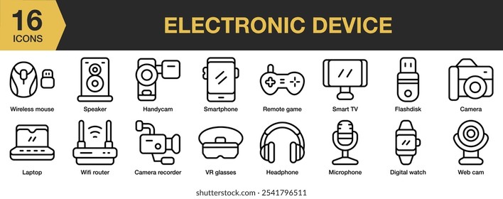 Conjunto de iconos de dispositivo Electrónica. Incluye grabadora de cámara, reloj digital, flashdisk, handycam, auriculares y más. Colección de Vector de iconos de contorno.