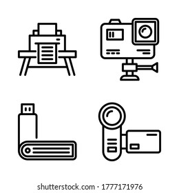 Electronic Device icon set = printer, action cam, usb, camera video.
Perfect for website mobile app, presentation, illustration and any other projects.