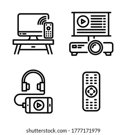 Juego de iconos de dispositivo electrónico = televisor inteligente, proyector, smartphone, control remoto.
Perfecto para aplicaciones móviles web, presentación, ilustración y cualquier otro proyecto.