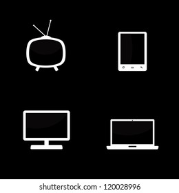Electronic Device Icon Set – White Silhouettes of TV, Smartphone, Monitor, and Laptop on Black Background. A set of four white icons representing different electronic devices, arranged in a 2×2 grid on a black background. The icons include a retro television with antennae, a tablet or smartphone, a desktop monitor, and a laptop. Each silhouette is clean and minimal, making the set ideal for use in digital interfaces, educational visuals, tech infographics, and device categorization graphics. Suitable for both commercial and editorial use across print and digital platforms.