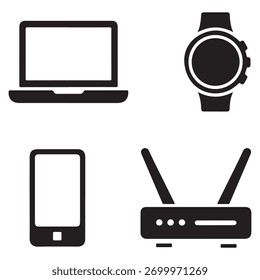 Electronic Device Icon Vector Set Laptop, Smartwatch, Smartphone And Router