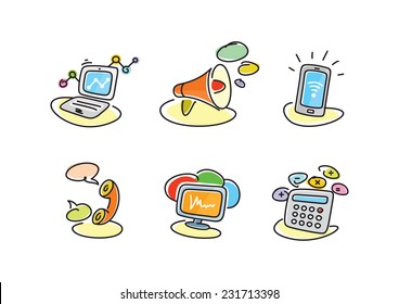 Electronic device icons in cartoon style. Devices include set of communication icons megaphone computer laptop smartphone data information calling monitor and calculator