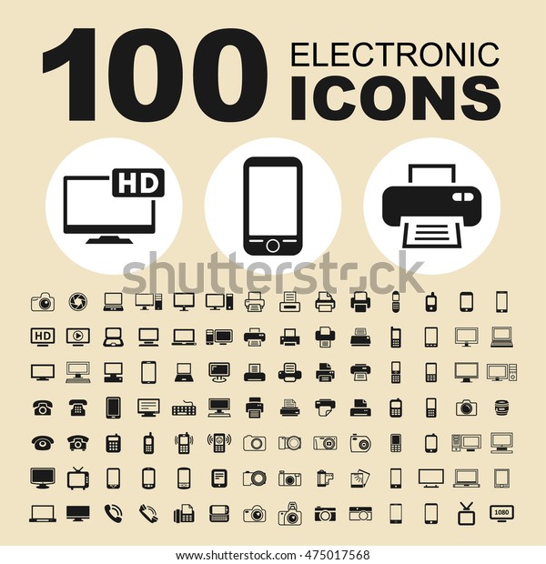 Electronic device icons. Computer, printer,\
phone, scanner, camera, TV and notebook vector objects. Network and\
communication equipment for web\
graphic.