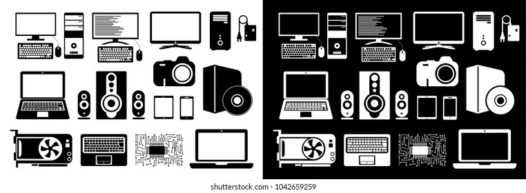 Electronic device icons for web sites, applications for smart phones and tablets. Icons set. Computer, laptop, keyboard, mouse, CPU, battery, disk, smart phone, and tablet. Vector illustration.