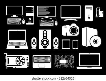 Electronic device icons for web sites, applications for smart phones and tablets. Icons set. Computer, laptop, keyboard, mouse, system unit, charger, speakers, disc, camera, smart phone and tablet.
