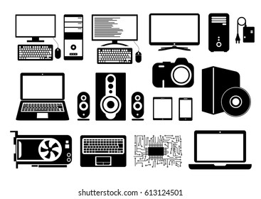 Electronic device icons for web sites, applications for smart phones and tablets. Icons set. Computer, laptop, keyboard, mouse, CPU, battery, disk, smart phone, and tablet. Vector illustration.
