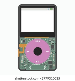 Electronic device illustration, showing circuit board interior and purple click wheel isolated on white