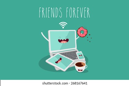 Electronic device, laptop, tablet, phone and coffee illustration. Vector cartoon. Friends forever. Comic characters. You can use in the menu, in the shop, in the bar, the card or stickers.